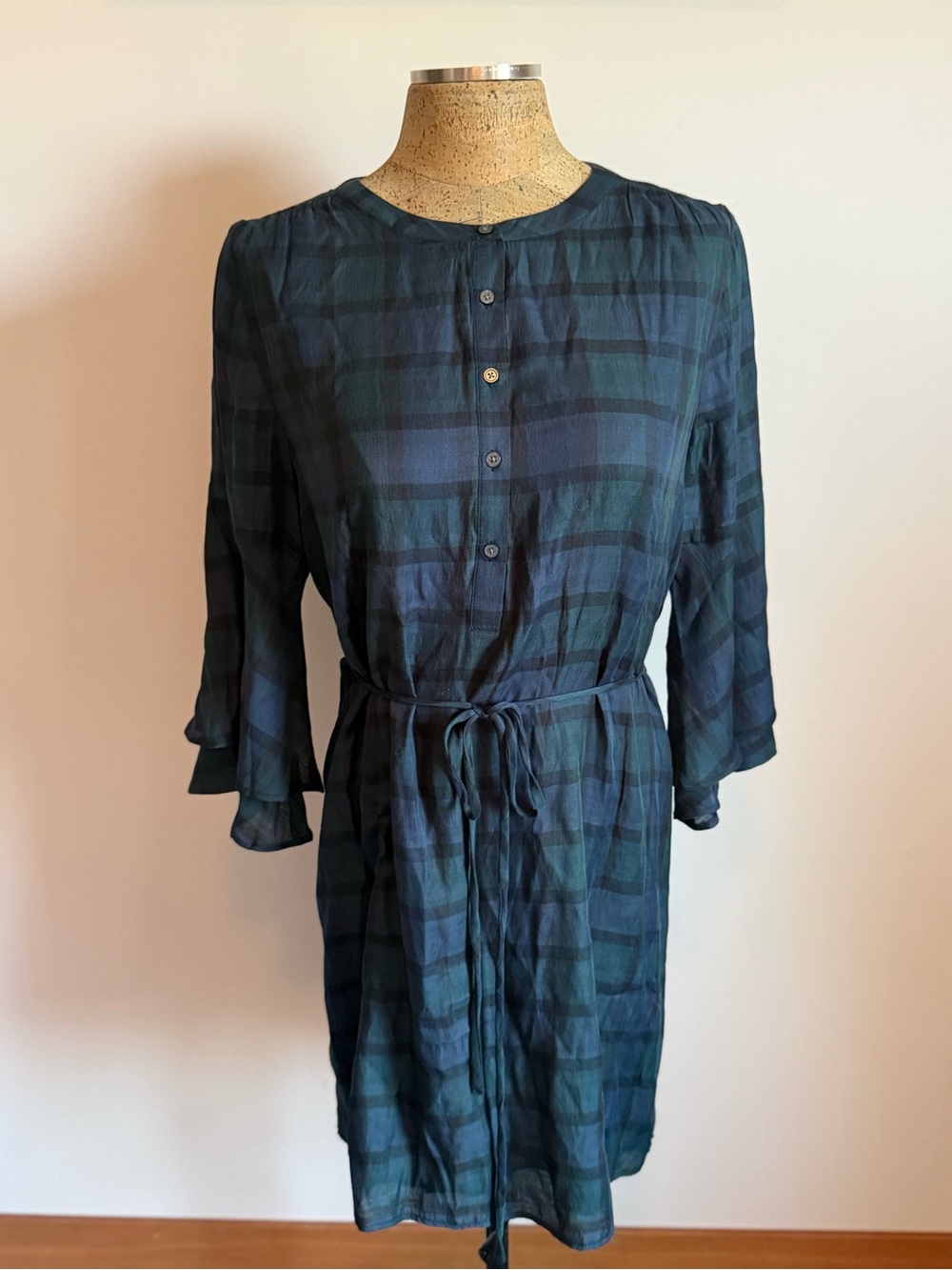 LOFT Navy and Green Plaid Tie-Waist Long Sleeve Dress